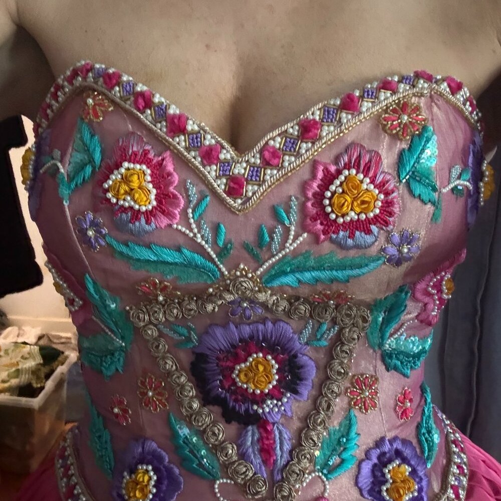 1980s Victor Costa Embellished Ball Gown — Floral Beaded Bodice